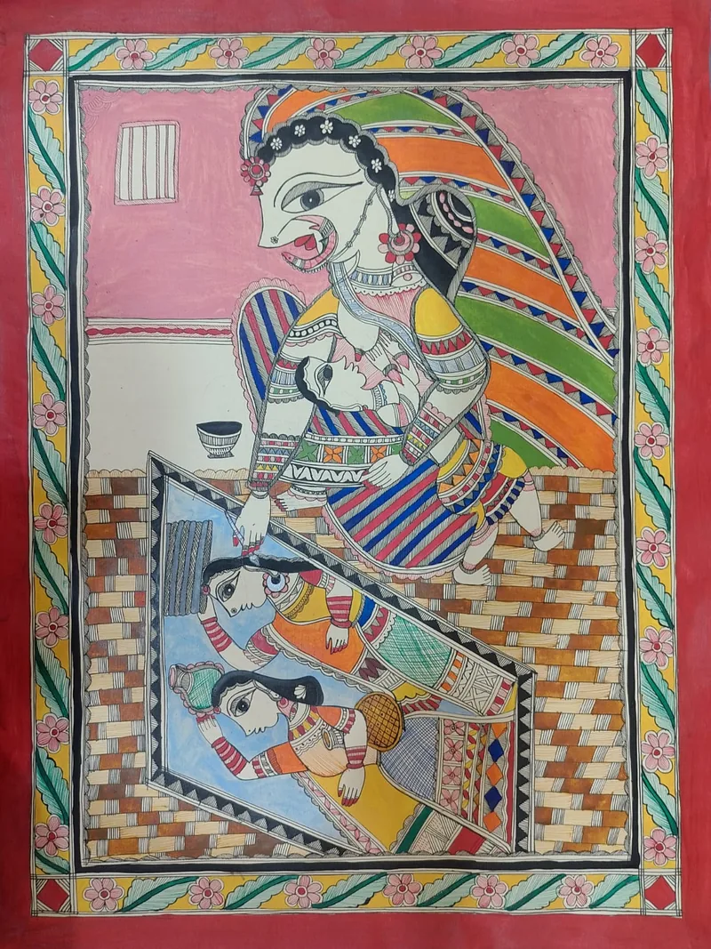 Mithila mother making beautiful Mithila Art Panting