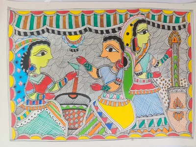 Three women in traditional attire preparing or serving food