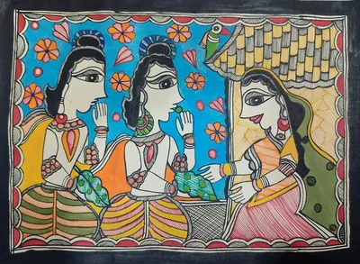 Mithila painting showing Shabari offering fruits to Lord Rama and Lakshmana.